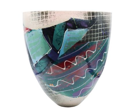 Contemporary ceramic vessel with an abstracted painted design, appears to be unsigned.12 x 11 round