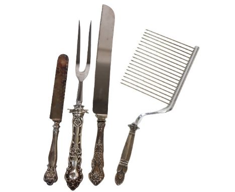 Four pieces include a sponge cake cutter, a carving fork and knife, and a butter knife. Handles are sterling and blades are s