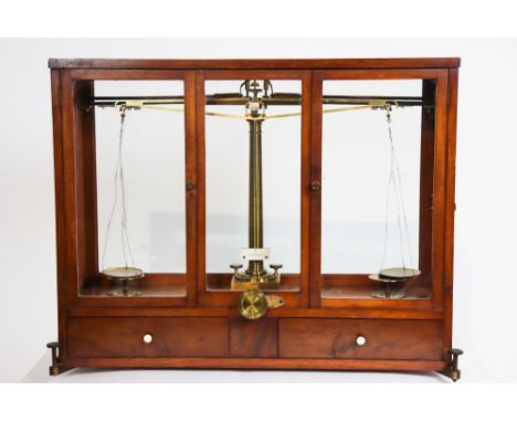 Fine Balance Scale #306 c. 1880.Two drawer model with cased set of weights.Carl Staudinger balances were imported and supplie