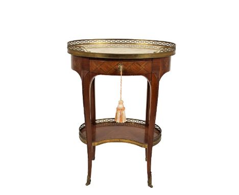 French marble top two tier side table with a gilt metal gallery on the top and bottom tier. Gilt metal mounts and feet.  Size