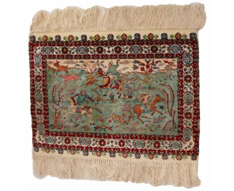 Vintage silk pictorial rug with an animal hunting design, Tabriz, Turkish Oriental. This hunting scene establishes a scene de