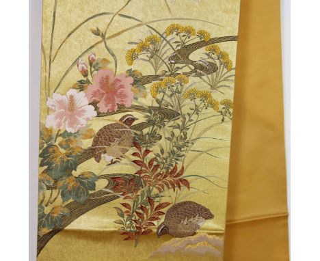 Japanese vintage obi with floral embroidery. The size 178 in long x 12 in.An obi is a belt worn with both traditional Japanes