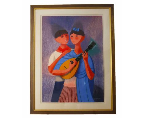 Brightly colored lithograph of a musician couple, the woman is playing a stringed instrument and the man appears to be singin