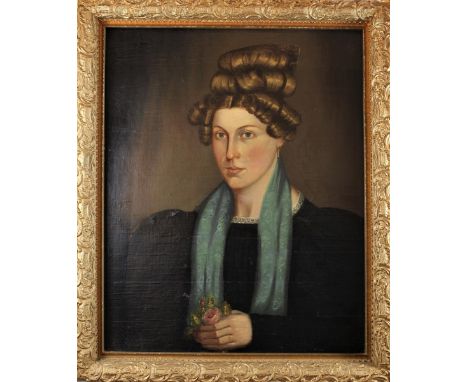 Half-length portrait of a blue-eyed woman with stylish hair, wearing a blue scarf and black dress with white lace detail; she