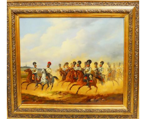 Regal Calvary scene, oil on panel, signed lower left: Julius Schulz. The artist was active in Germany and known for figure, h