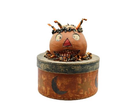 Early Vintage Halloween Lidded Candy Box. Papier-mache. Original polychrome paint. Early 20th century. is in great condition.