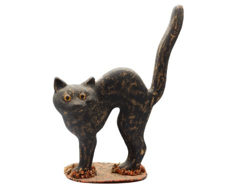 Early Vintage Halloween Papier-mache Cat, C. 1940s. This decoration seems to be made of papier-mache and then painted. Size: 