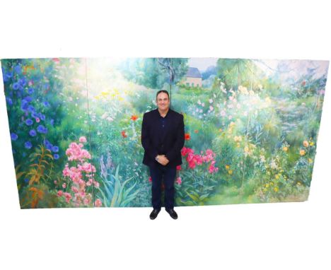Four piece Massive oil on canvas by Gail Symon Hicks. Lovely floral painting with a house off into the distance. It is signed