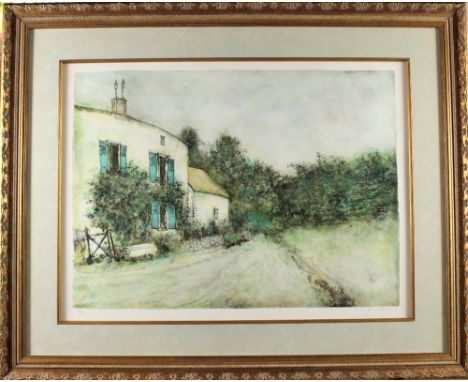 Soft-toned color lithograph of a home in a rural setting, primarily done in greens, with distinctive blue shutters. Numbered 