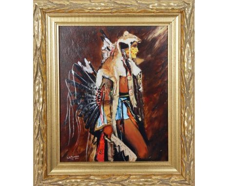 Titled "Pow Wow Circuit", depicts an American Indian in traditional hunting regalia, signed lower left: E.S. Barrow, dated 20