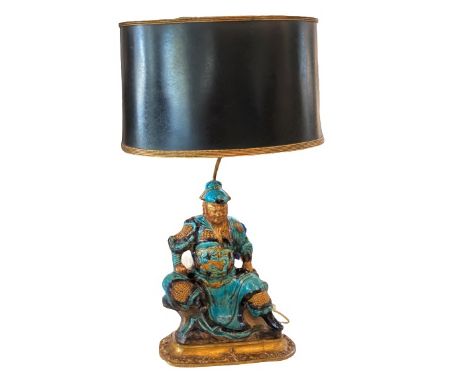 Figure converted, late 1800's. Japanese lamp with amethyst and jade pulls. As is. Size: 27 1/4 x 16 in. Please note that all 