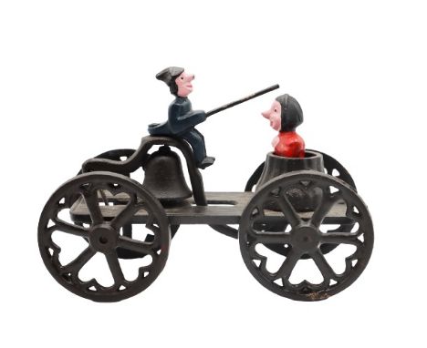 Unusual and unique reproduction toy cart, that of a witch being dunked by a man with a long stick .  Likely made by the Kento