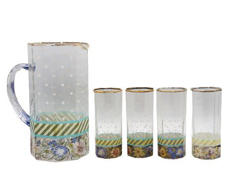 Serving glass set with four glasses. The size of the pitcher is 8 x 7 x 4 in. The size of the glasses are 4 1/2 x 2 x 2 in.
