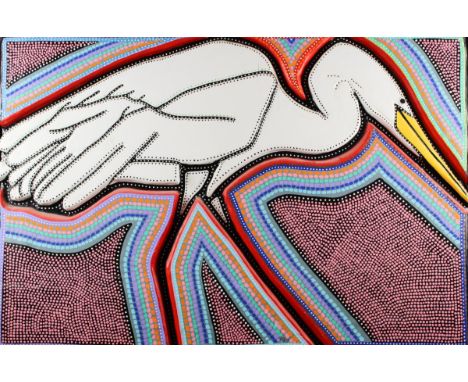 Plasticized papier mache wall sculpture of a white crane, the pointillist painting style is reminiscent of Australian Aborigi