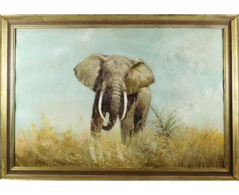 Handsome portrait of a bull elephant atop a grassy field, oil on canvas.  Similar in subject to the work of David (Richard Da