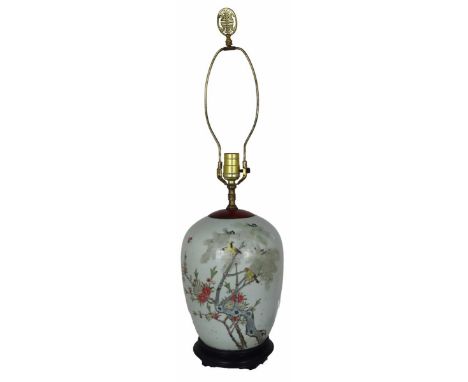 Antique calligraphy signed Chinese jar lamp, with blossoming tree and bird imagery.  Unknown as to working order.Approx. heig