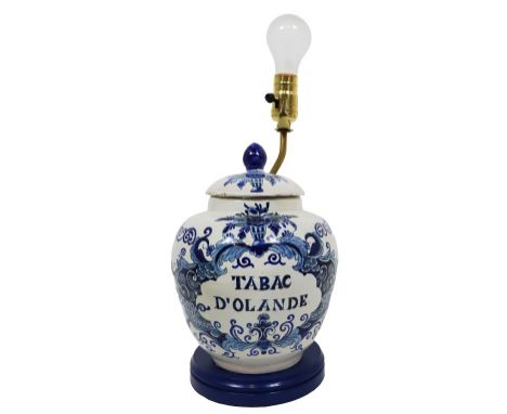 Porcelain jar mounted as a lamp. Tabac D'Olande. Measurements: 18 x 8 x 8 in.