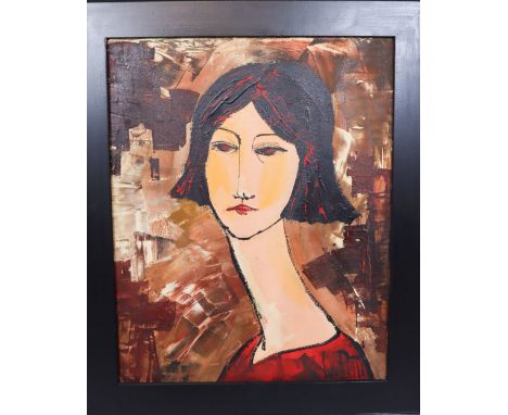 Portrait of a young woman, oil on canvas. It is signed indistintly in the lower right. Modern abstract design. Sight: 19 1/2 