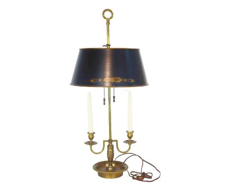 Fitted for electricity, this French bouillotte lamp has two arms meant for candles, set on a dish base. Nice tole shade with 