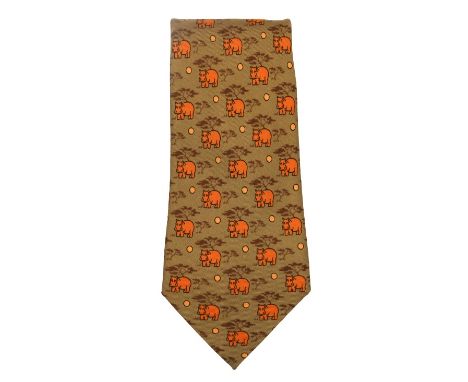 Hermes silk tie with hippo design. Size: 57 x 3 1/2 in.