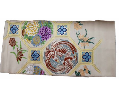 Japanese vintage obi in cream and bright colors with embroidery.  The size is 152 in long x 13 in.An obi is a belt worn with 