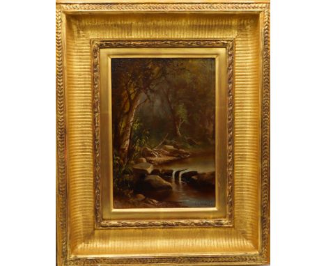 "Woodland Brook", oil on thin panel. Signed lower right:  F.H. Shapleigh. Frank Henry Shapleigh was born in Boston and studie