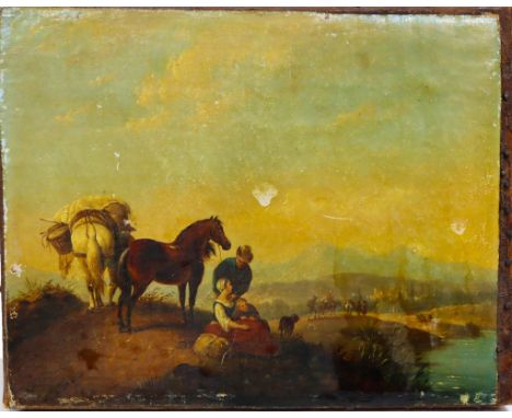 Fabulous figural landscape scene of peasants resting on their way into town, signed lower left. Oil on canvas, evidence of ol