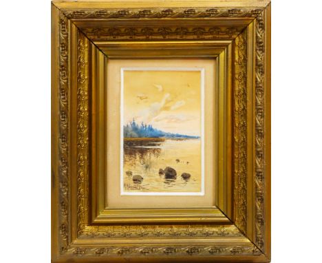 Small delicate watercolor/gouache on paper of a serene lake with rocks in the foreground and a forest in the backround. Refle