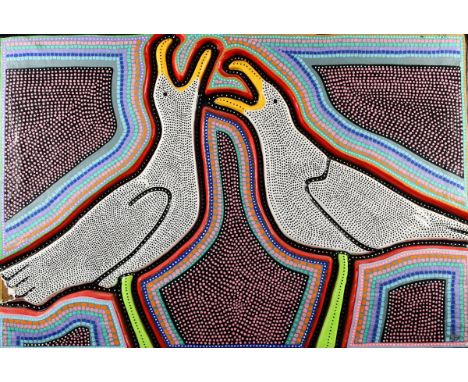 Plasticized papier mache wall sculpture of two squawking seagulls, the pointillist painting style is reminiscent of Australia