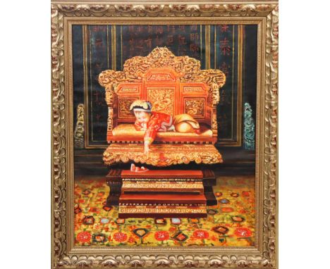 Framed canvas mounted on board, subject is a Chinese child playing on a richly colored and highly decorated throne Sight: 24 