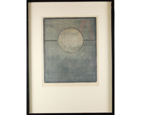This is a monotype titled "Green Cross" by Cestmir Kafka. It is signed in the lower middle. Gallery label verso from the Jacq