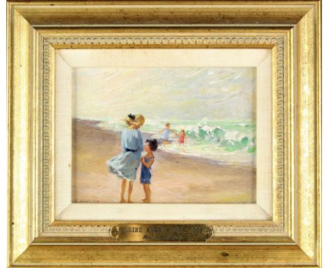 "Beach Scene" (Fire Island circa 1913), small and intimate picture of a mother and child by the seashore and two others playi