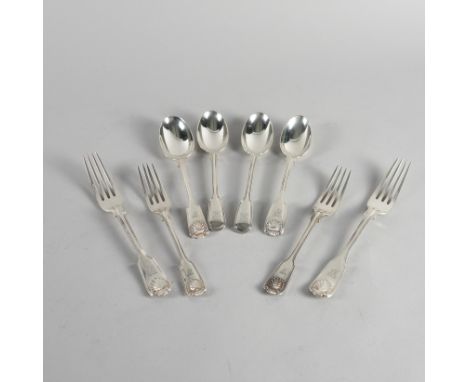 A GROUP OF SILVER DOUBLE STRUCK, FIDDLE, THREAD AND SHELL PATTERN TABLE FLATWARE (8)Comprising; two table forks, two dessert 