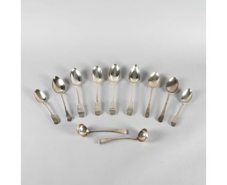 A GROUP OF SILVER AND PLATED TABLE FLATWARE (11)Comprising; a fiddle pattern large tablespoon, London 1830, three further tab