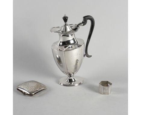 A HOT WATER JUG, A CIGARETTE CASE AND A NAPKIN RING (3)The hot water jug with black composition fittings, Sheffield 1911, the