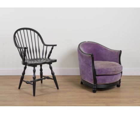 A MODERN PURPLE UPHOLSTERED TUB ARMCHAIR (2)64cm wide; 75cm high, and a modern ebonised ash stick back armchair, 60cm wide; 9