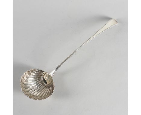A SILVER BOTTOM MARKED SOUP LADLEBead edged Old English pattern, the bowl of scallop form, hallmark indistinct, circa 1800, l