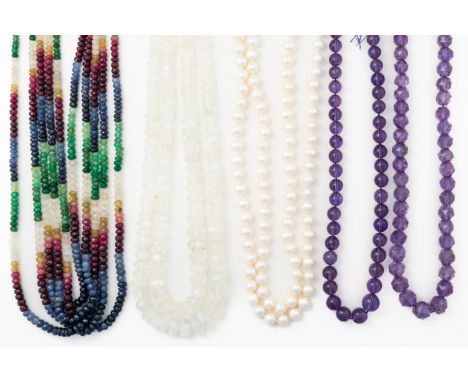 FIVE NECKLACES (5)Comprising; a five row necklace of graduated faceted varicoloured gemstone beads, a faceted amethyst bead n