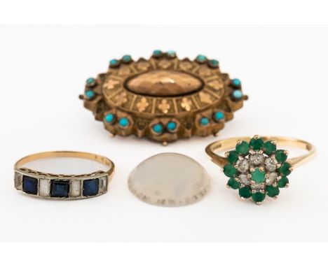 TWO GEM SET RINGS, A BROOCH AND AN INTAGLIO (4)Comprising; a 9ct gold, green and colourless gem set cluster ring, ring size R