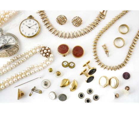 A GROUP OF JEWELLERY AND FURTHER ITEMS (QTY)See in descriptionComprising; a two row necklace of uniform cultured pearls fitte