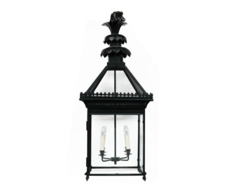 A REGENCY STYLE  DARK GREEN PAINTED METAL HANGING LANTERNModern
Of square form with pierced gallery, tapering to a tiered lot
