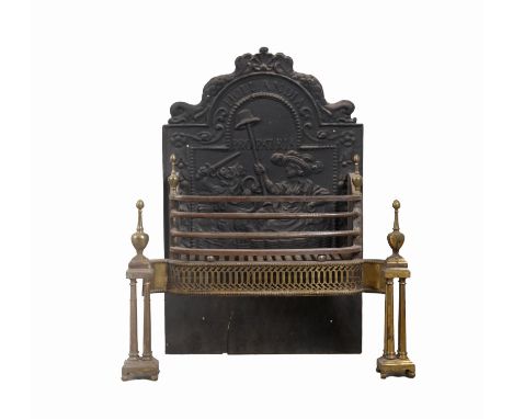 A GEORGE III STYLE BRASS FIRE GRATEEarly 20th Century 
With relief cast-iron fire-back, pierced out-swept apron supported on 