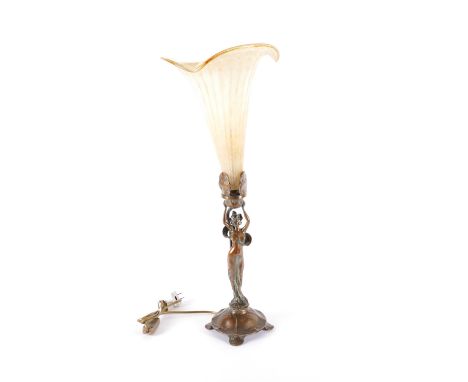 AN ART NOUVEAU STYLE FIGURAL BRONZE AND MURANO GLASS MOUNTED TABLE LAMPLate 20th Century  With stamp to the cast of 'VENTURI 
