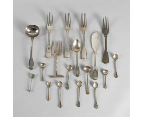 A GROUP OF SILVER AND PLATED FLATWARE (QTY)The silver comprising; four double struck fiddle and thread pattern table forks, L
