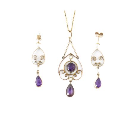 AN AMETHYST AND PEARL PENDANT WITH A NECKCHAIN AND A MATCHING PAIR OF EARRINGS (3)The pendant detailed 9 CT to the suspension