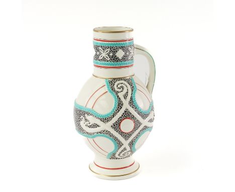 A TALL POWELL, BISHOP & STONIER EARTHENWARE EWER IN THE MANNER OF CHRISTOPHER DRESSERCirca 1880 Decorated with Celtic revival