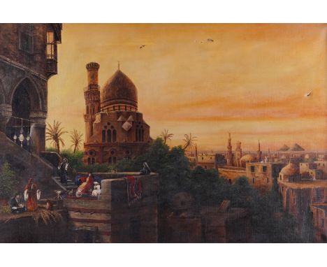 ORIENTALIST SCHOOL, 20TH CENTURY (5)Figures on a balcony in a Middle Eastern city
oil on canvas
51 x 76cm
together with On th