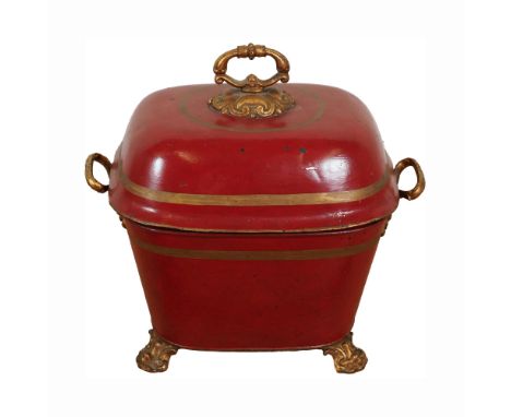 A LATE VICTORIAN RED TOLE PEINTE OR JAPANNED COAL SCUTTLE OR PURDONIUM (5)Later re-painted, domed cover with scrollwork handl
