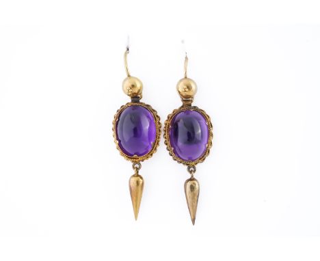 A PAIR OF GOLD AND CABOCHON AMETHYST OVAL PENDANT EARRINGSEach mounted with a foil backed oval cabochon amethyst, within a tw