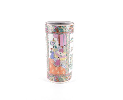 A MODERN CHINESE FAMILLE ROSE STYLE CYLINDRICAL STICK STAND47cm high; 22cm wide